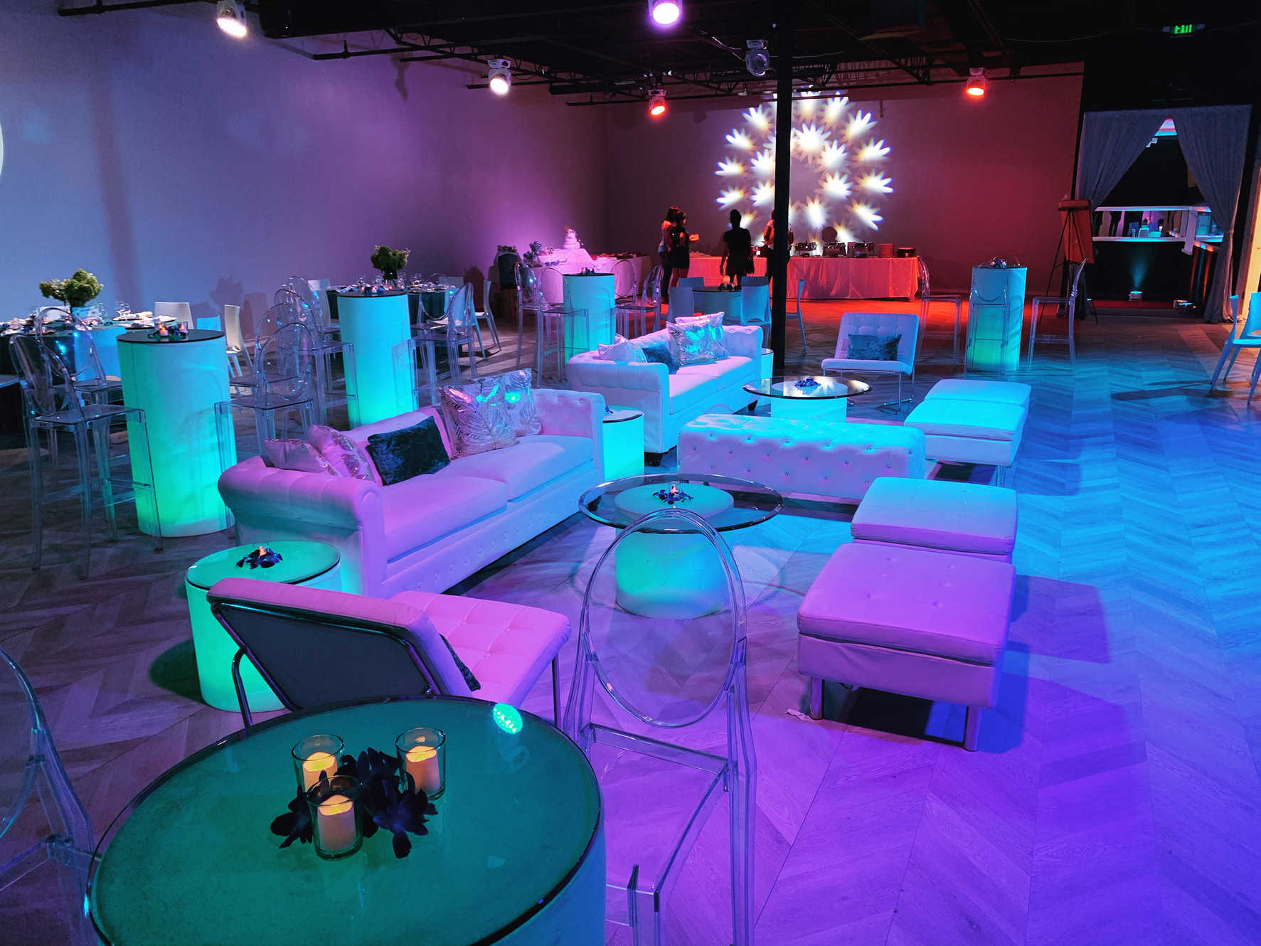 Colorful lounge setup at Chameleon Event Space