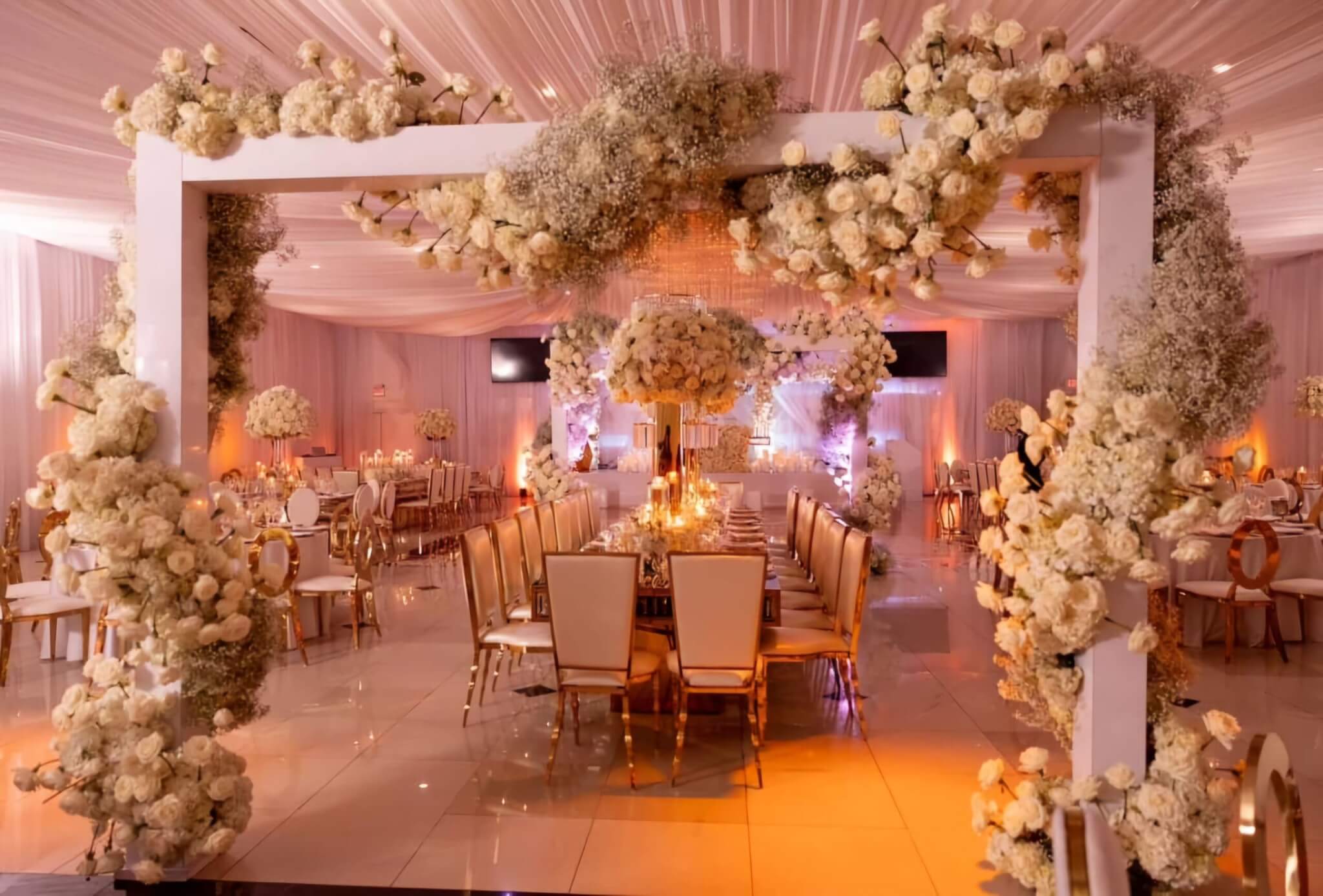 Floral reception setup at Eden Regal Ballroom